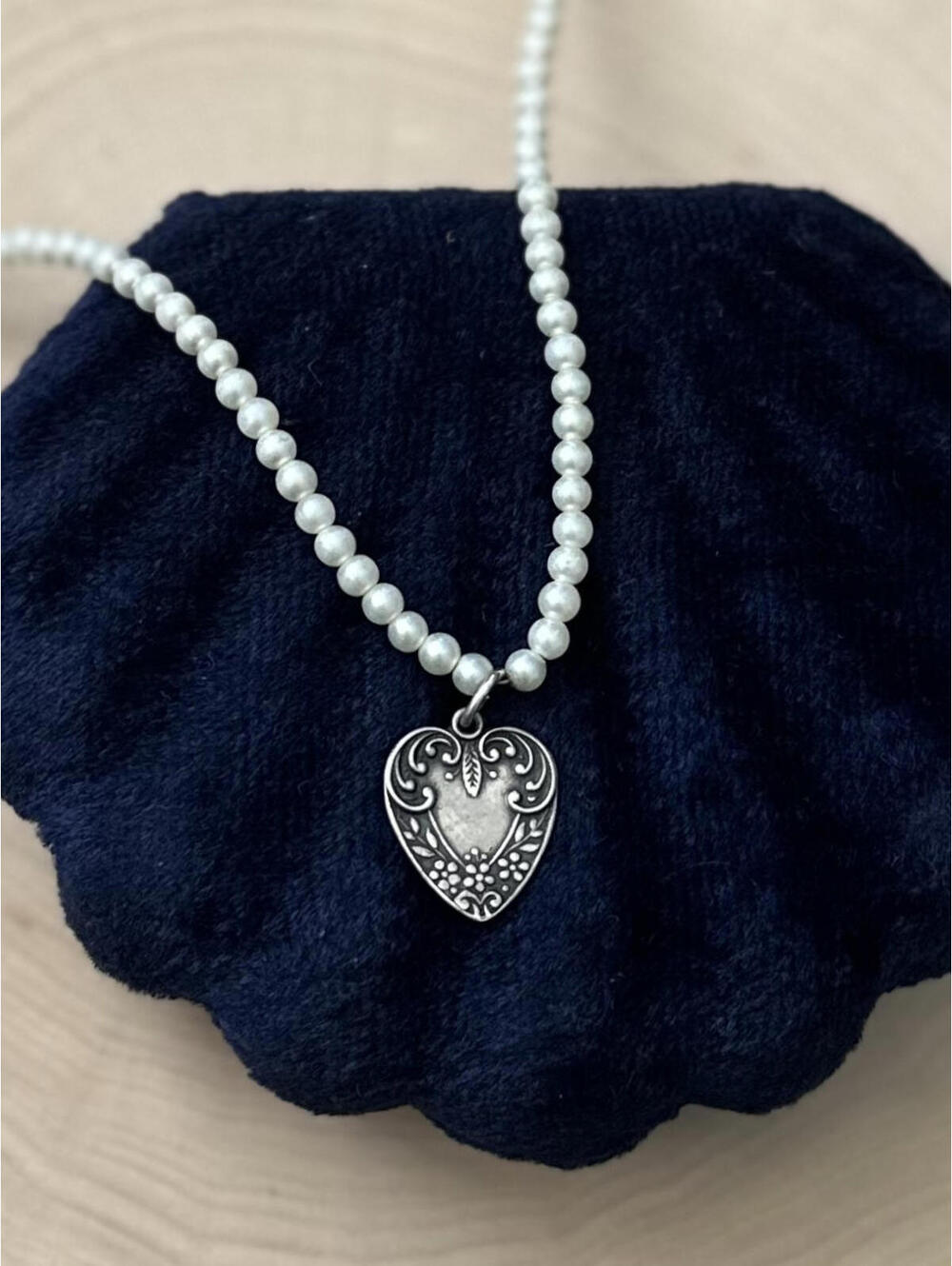 Vintage Sterling Silver Faux Pearl Floral Repousse Heart Pendant Necklace 17"